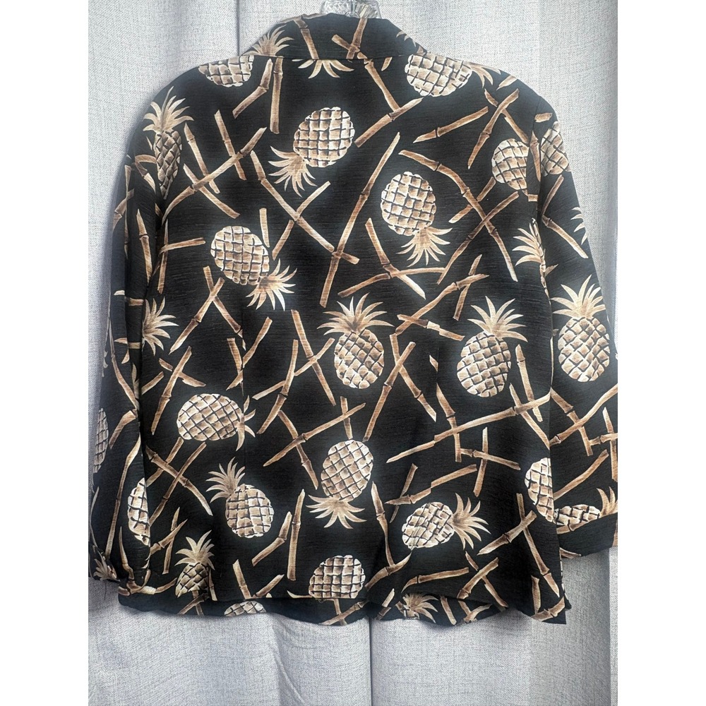 Silk Land Womens Black Silk Sequin Pineapple Bamboo Tropical Button Up Shirt L